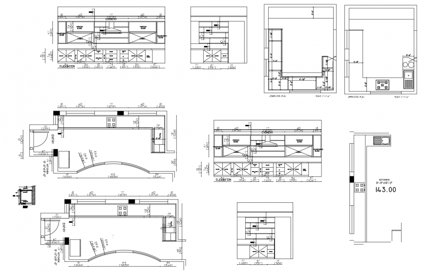 House kitchen all sided section, layout plan, furniture and interior cad drawing details dwg file