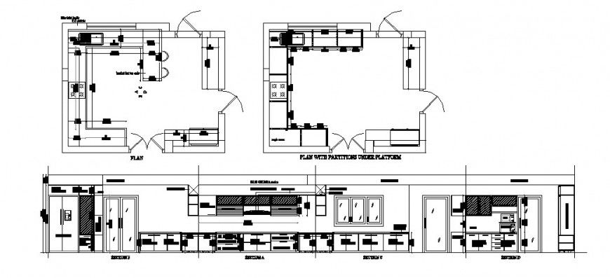 House kitchen all sided section, layout plan and auto-cad drawing details dwg file