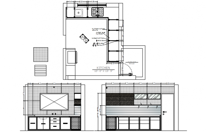 House kitchen both sided section and plan cad drawing details dwg file