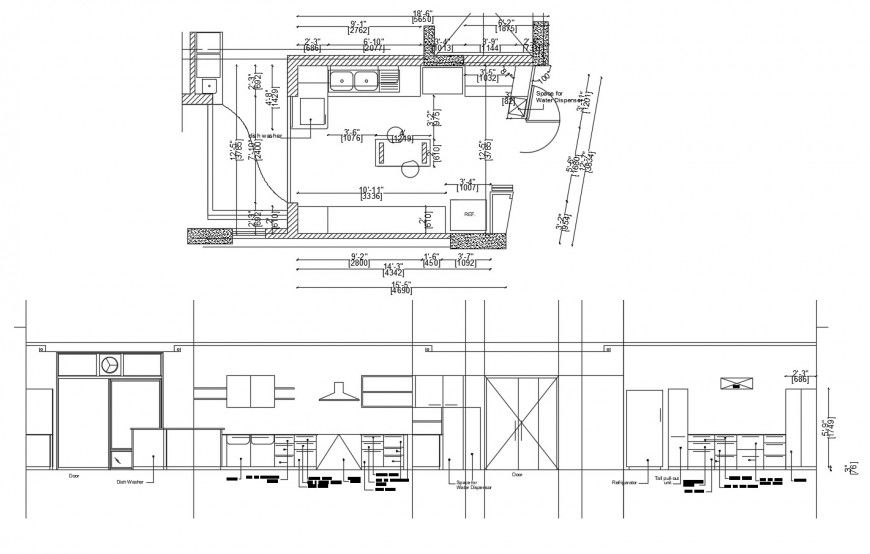 House kitchen detailed section and layout plan with furniture drawing details dwg file