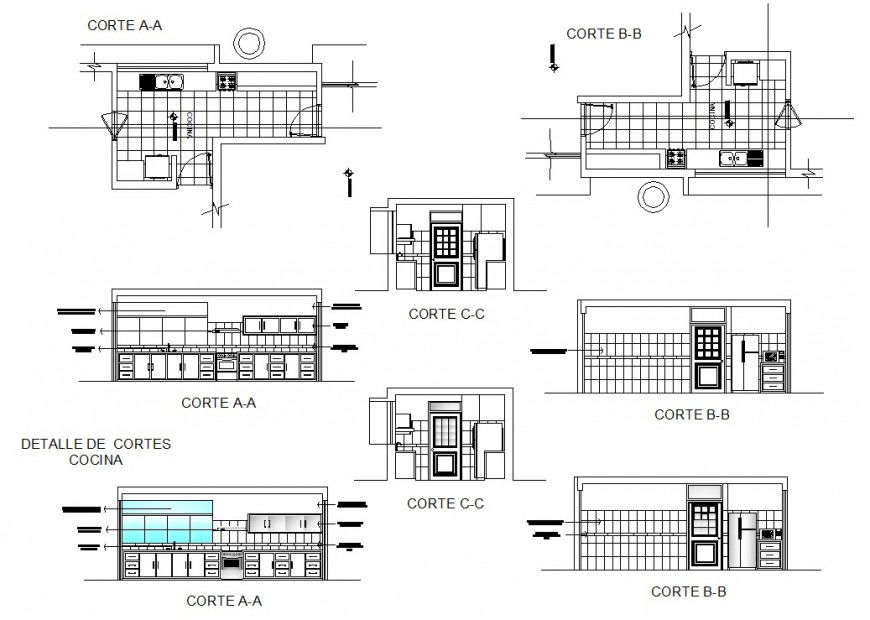 House kitchen elevation, section, plan and furniture drawing details dwg file