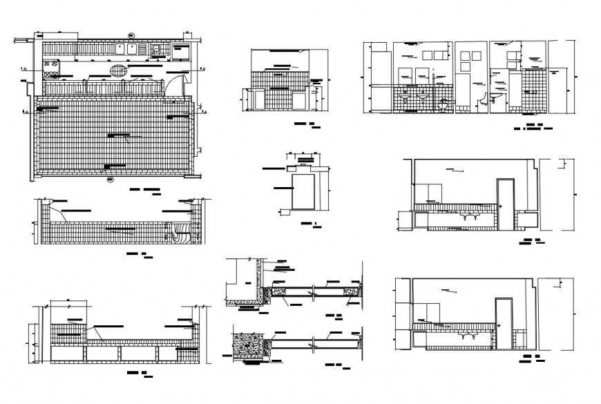 House kitchen elevation, section, plan and structure details dwg file