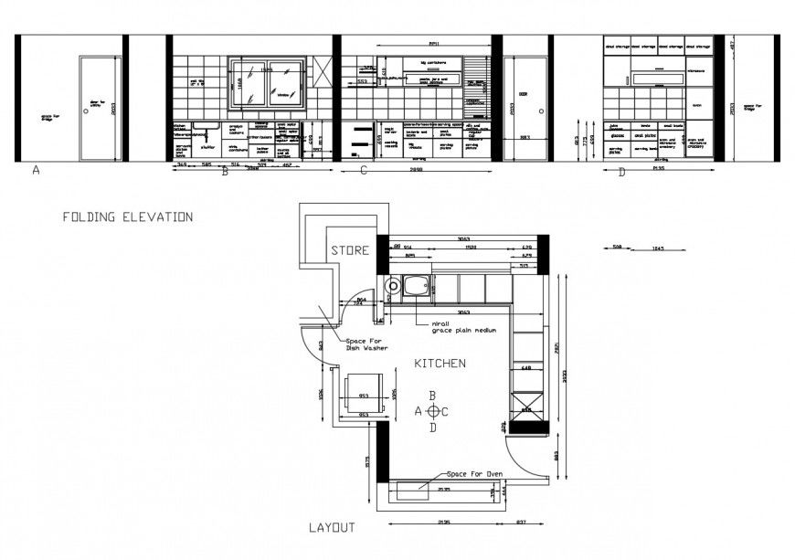 House kitchen folding elevation and layout plan cad drawing details dwg file
