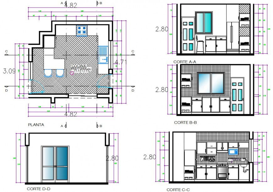 House kitchen four sided section and plan cad drawing details dwg file