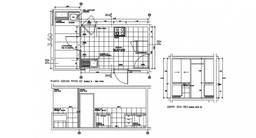House kitchen front and back section and plan cad drawing details dwg file