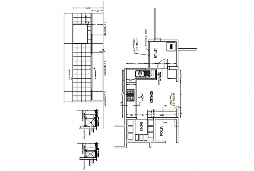 House kitchen layout plan, structure and furniture drawing details dwg file