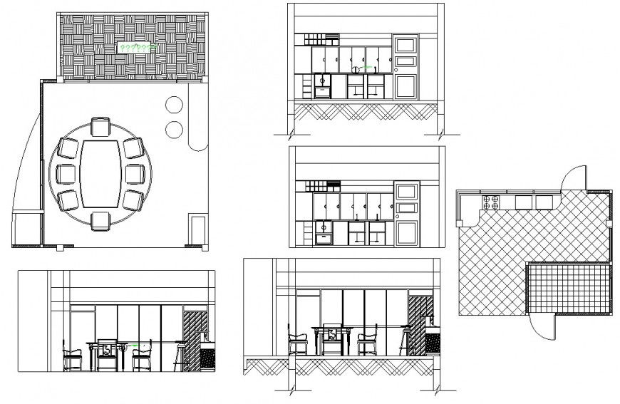 House kitchen section, layout plan and furniture drawing details dwg file