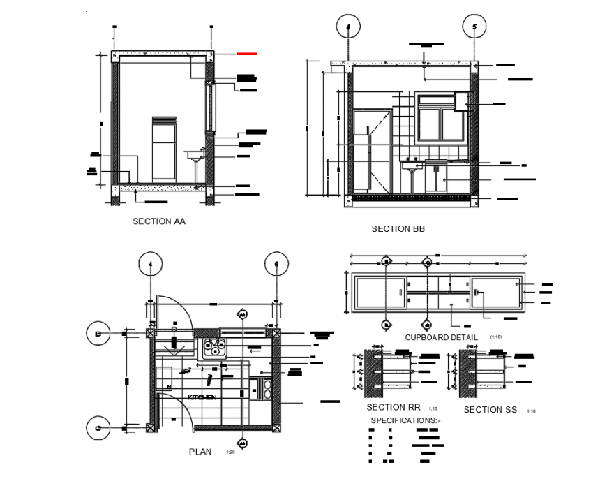 House kitchen section, plan and furniture cad drawing details dwg file