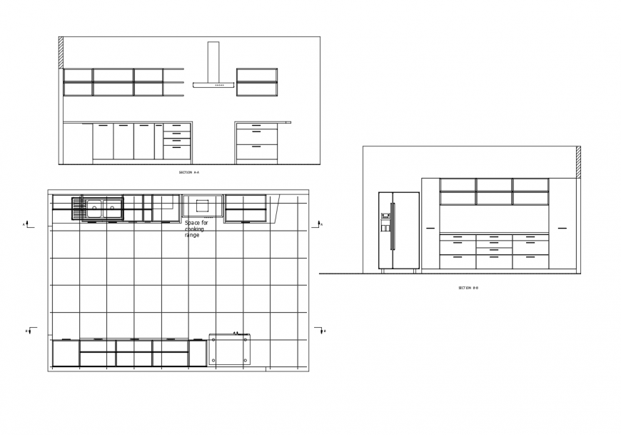House kitchen section, plan details with furniture dwg file