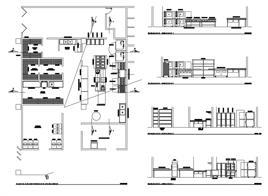 House kitchen section and distribution plant details with furniture layout plan dwg file