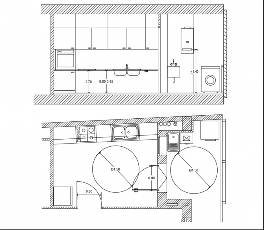 House kitchen section and layout plan cad drawing dwg file