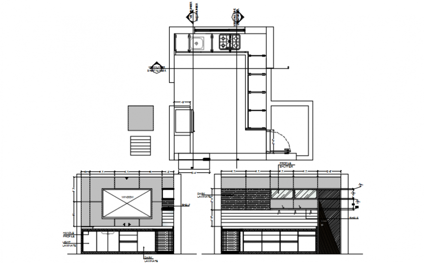 House kitchen sections, furniture and layout plan cad drawing details dwg file