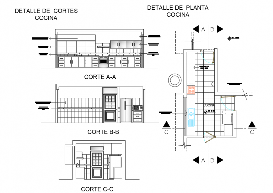 House kitchen sections and plan cad drawing details dwg file