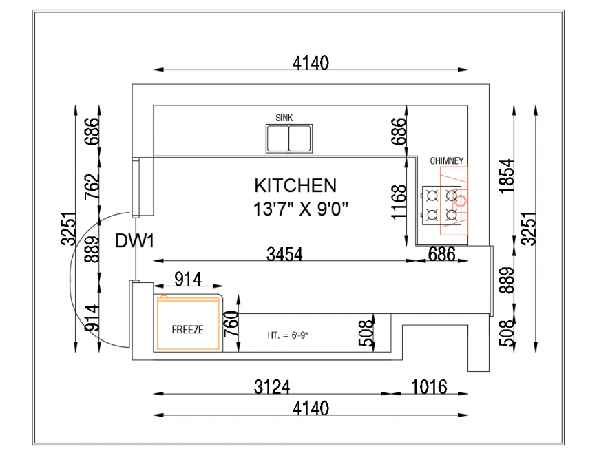 House kitchen top view plan cad drawing details dwg file