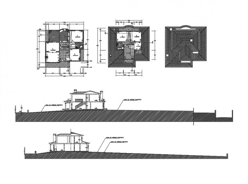 House layout plan, constructive section, cover plan and roof plan details dwg file