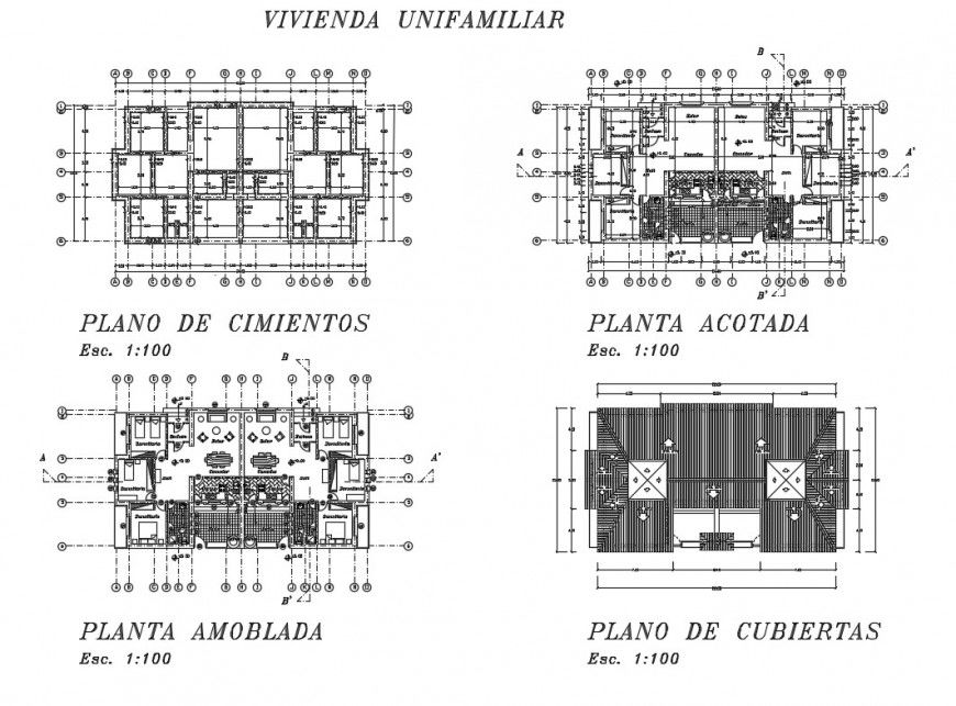 House layout plan, framing plan, foundation plan and cover plan details dwg file