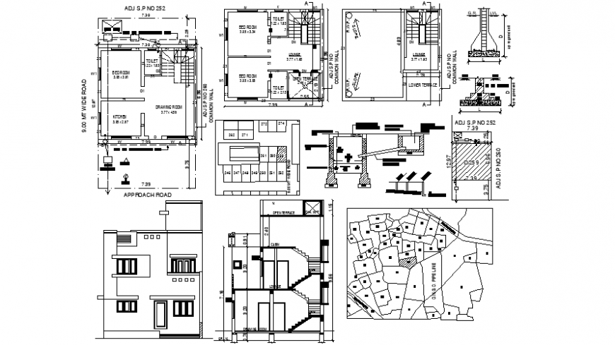 House layout plan elevation and sectional drawings details in autocad