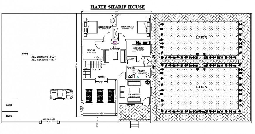 House layout plan with garden detail drawing in dwg AutoCAD file.