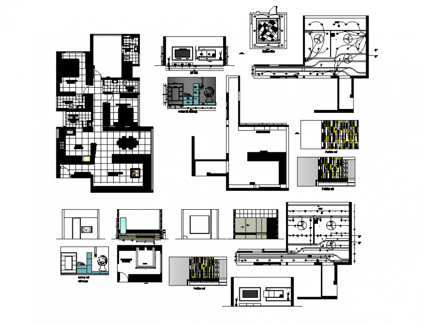 House layout plan with kitchen section and interior details dwg file