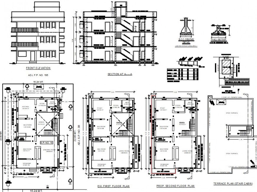House living apartment elevation plan and sectional drawings in autocad file