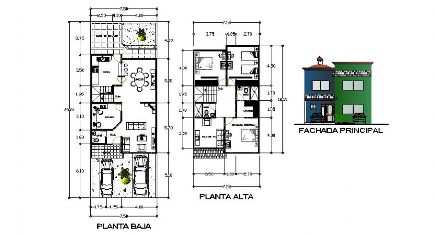 House main elevation, first and second floor plan cad drawing details dwg file