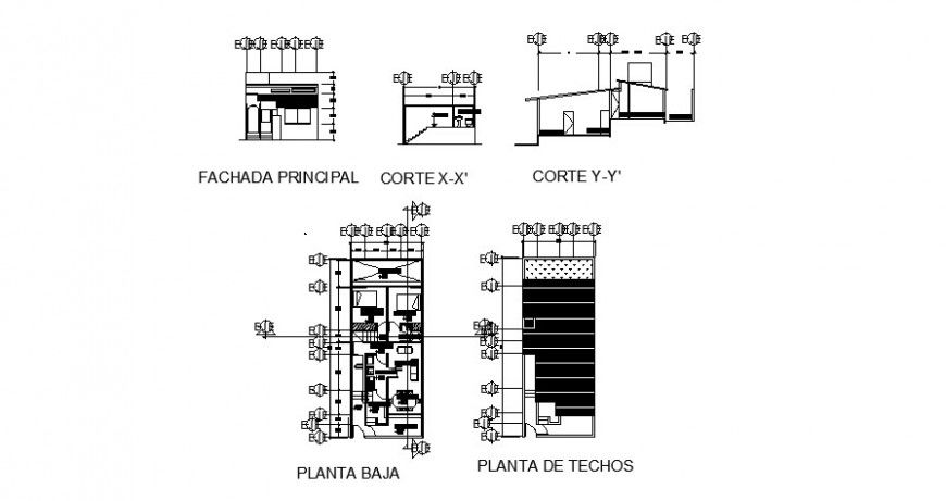 House main elevation, section, plan, cover plan and auto-cad drawing details dwg file