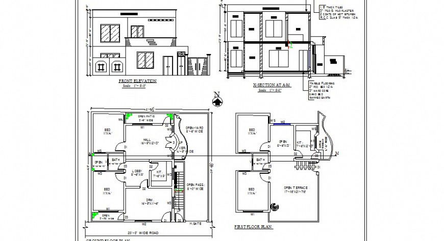 House main elevation, section and floor plan distribution for single family dwg file