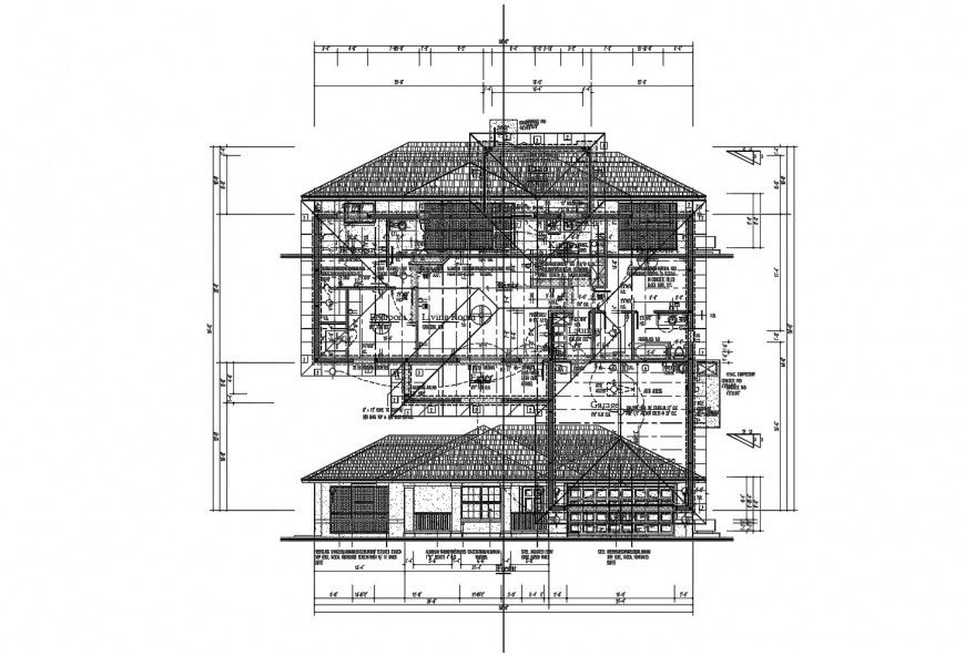 House main elevation, section with framing structure cad drawing details dwg file