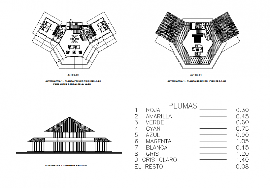 House main frontal elevation and first and second floor plan cad drawing details dwg file