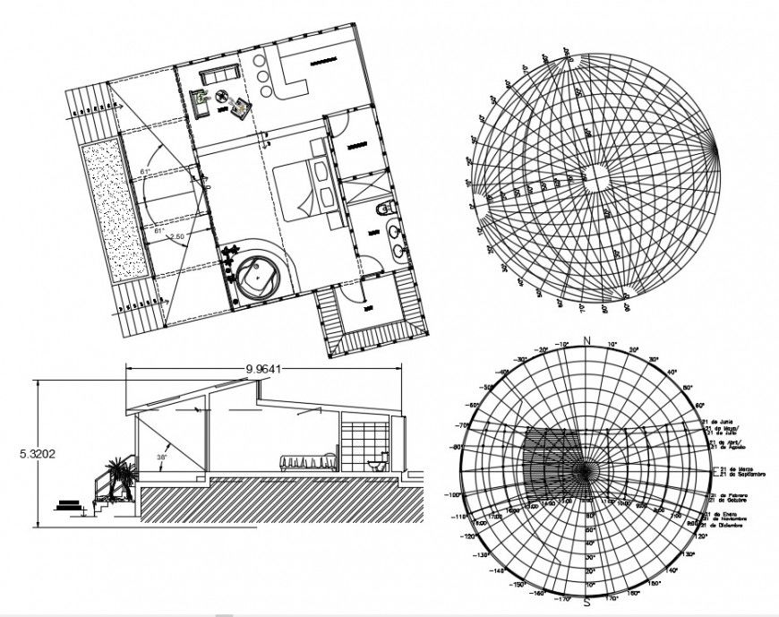 House main section, plan and solar plant details dwg file