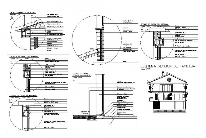 House main section, roof section and constructive structure details dwg ...
