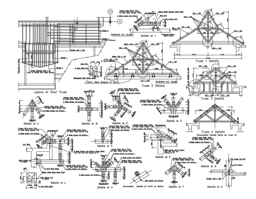 House metal roof truss structure constructive details dwg file