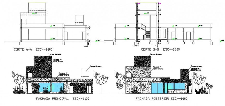 House minimalist sectional elevation and exterior view detail dwg file