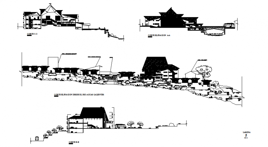 House on mountain all sided elevation and section details dwg file