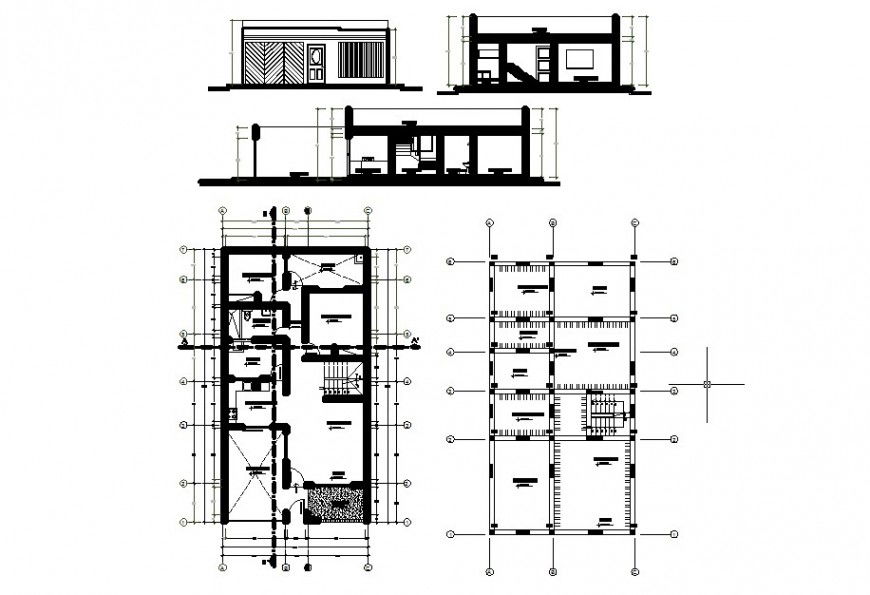 House one family elevation, section, plan and framing plan details dwg file