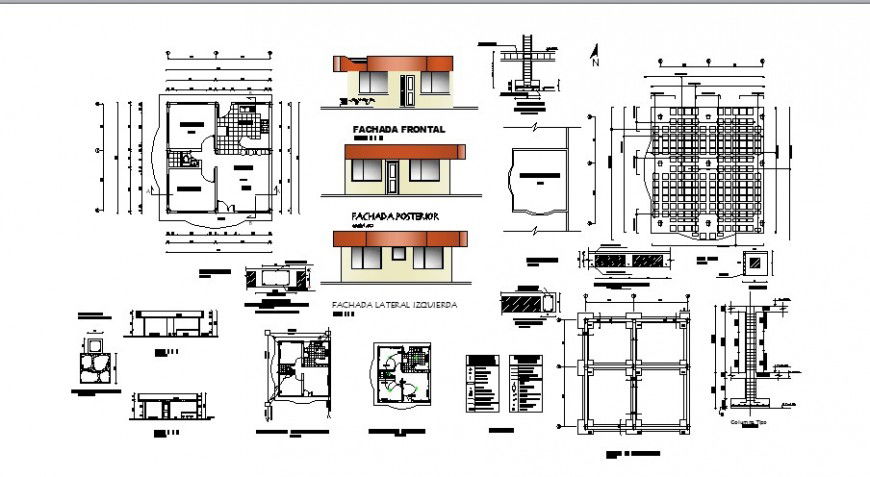 House one story elevation, section, plan and structure drawing details dwg file