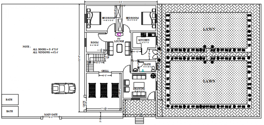 House plan with lawn and parking in AutoCAD file