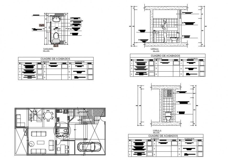 House plan details with bathroom and sanitary installation dwg file
