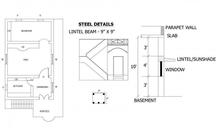 House plan details with lintel beam and parapet wall dwg file