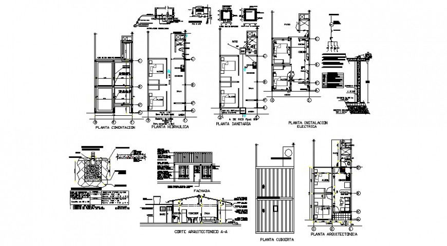 House plan elevation and sectional drawing 2d view dwg file