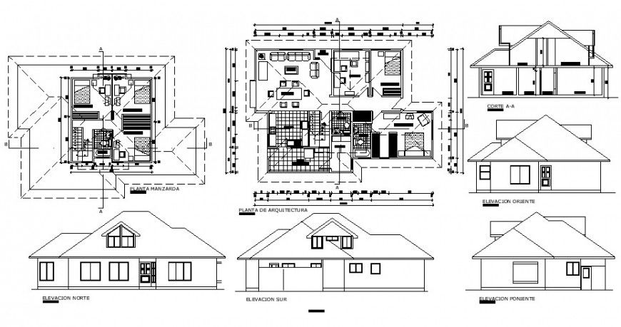 House plan elevation drawings with a section in autocad