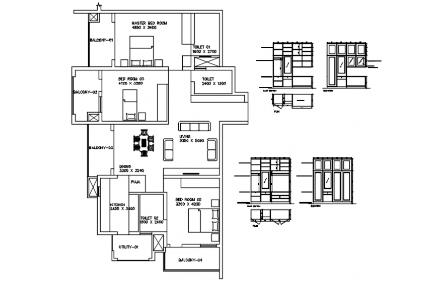 House plan with detail of door in auto cad file