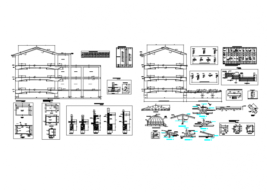 House roof with several constructive structure cad drawing details dwg file