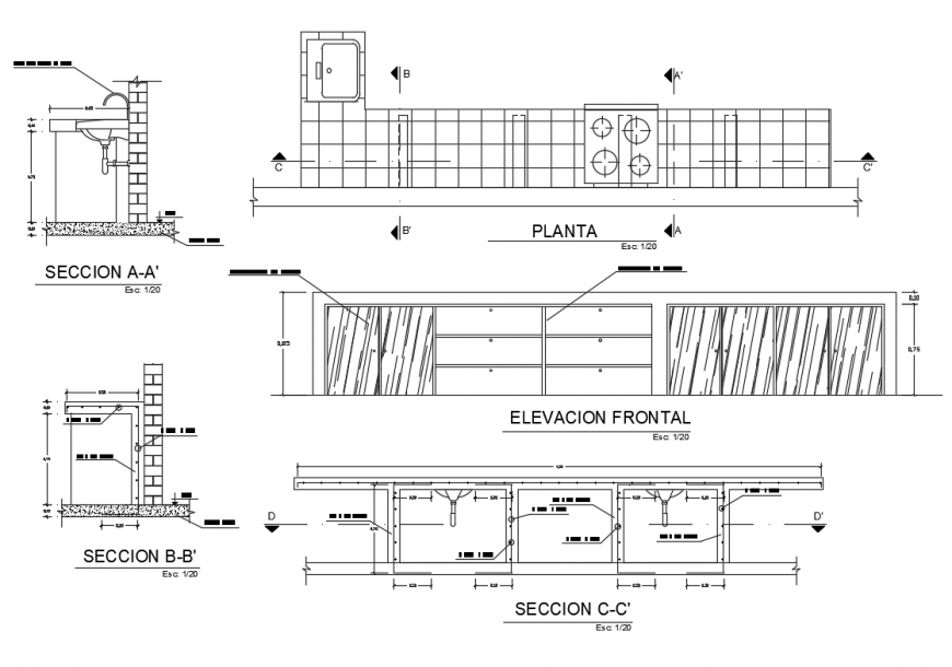 House sanitarian elevation, section and plan details dwg file