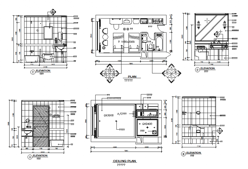 House sanitary all sided elevation, plan and ceiling plan details dwg file