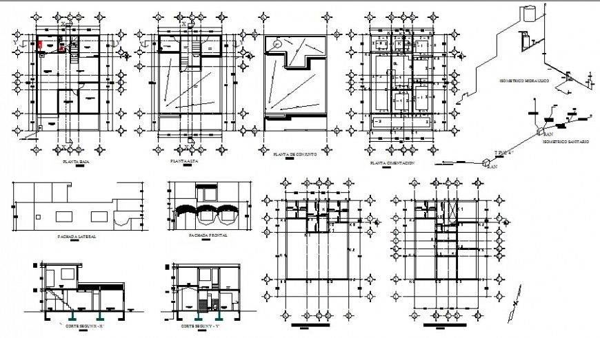 House section, plan, isometric hydraulic system and sanitary installation drawing details dwg file