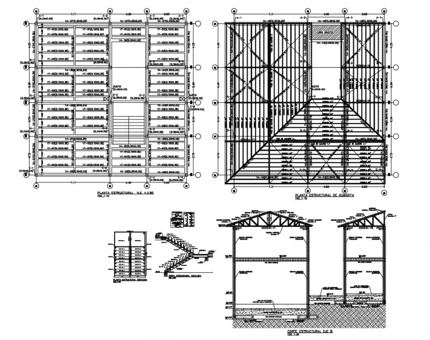 House sectional details with roof and stairways construction details dwg file