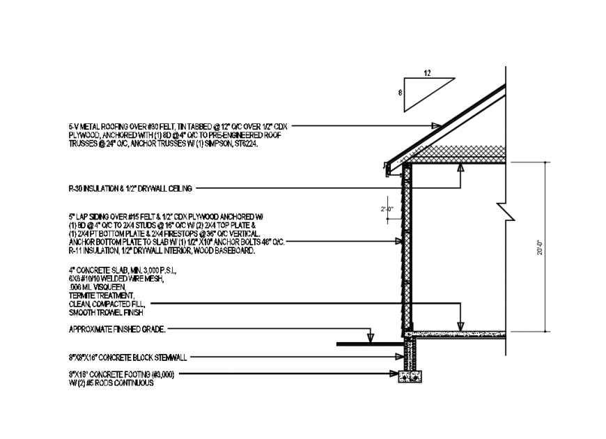 House side cut facade sectional constructive details dwg file