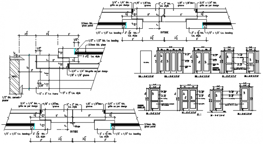 House single and double windows elevation and joinery details dwg file
