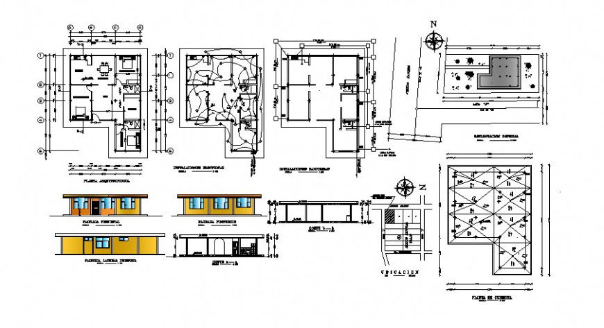 House single level elevation, section and floor plan drawing details dwg file